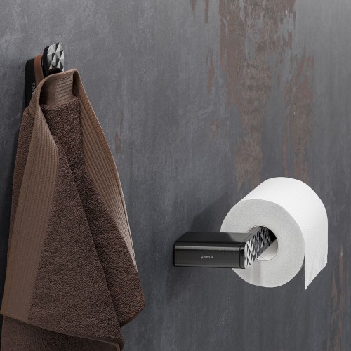 GEESA SHIFT BRUSHED METAL BLACK COLLECTION Wieszak na papier toaletowy z diamentowym wzorem szczotkowany czarny metal ( lewy).jpg