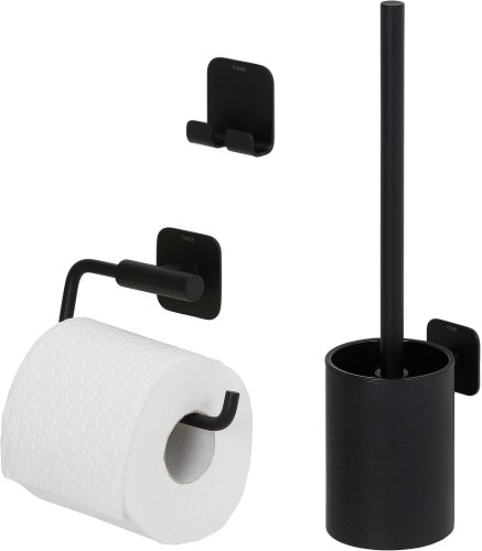Tiger 800134 Colar Zestaw akcesoriów łazienkowych - Szczotka toaletowa z pojemnikiem - Uchwyt na papier toaletowy bez pokrywy - Haczyk na ręcznik - Czarny