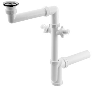 Bruckner 155.124.0 Syfon zlewozmywakowy oszczędzający miejsce, 2 podłączenia, spust z korkiem, 6/4", DN40, biały